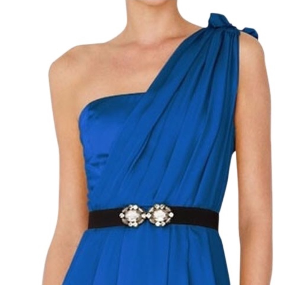 Blue belted one shoulder cocktail dress